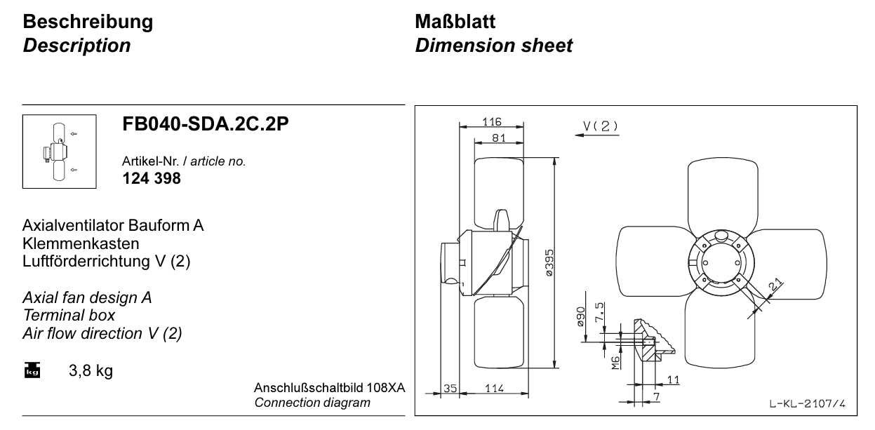 Drawing/dimension FB040-SDA.2C.2P ZIEHL-ABEGG Axial Fan