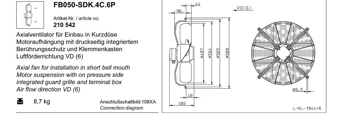 Drawing/dimension FB050-SDK.4C.6P 210542 ZIEHL-ABEGG Axial Fan