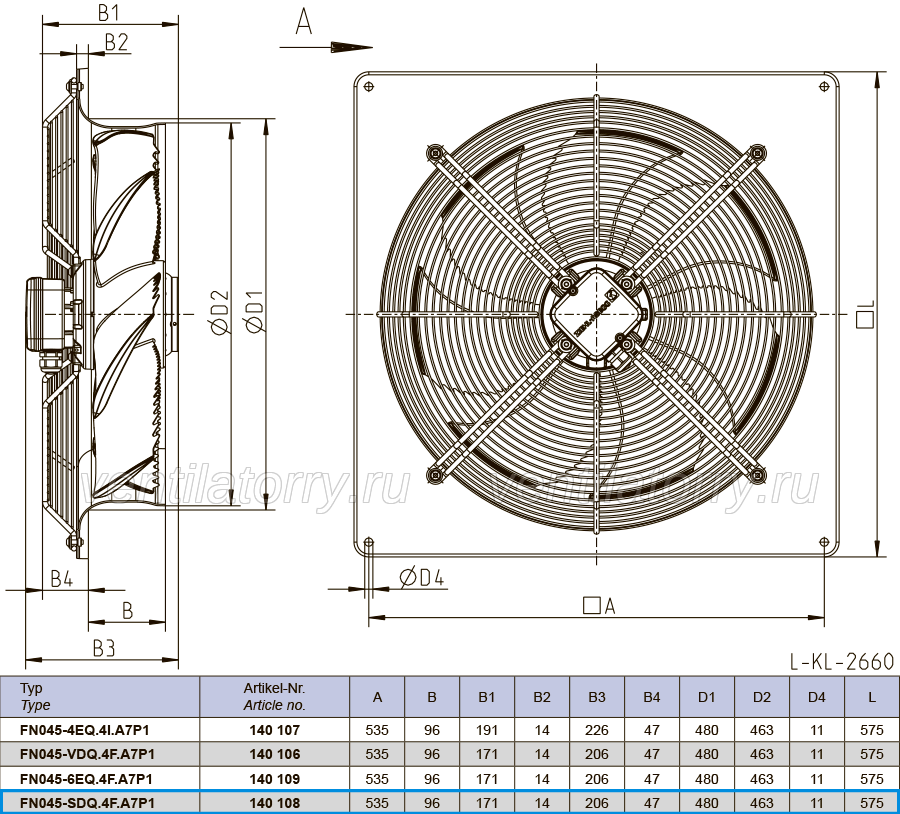 Drawing/dimension FN045-SDQ.4F.A7P1 ZIEHL-ABEGG Axial Fan