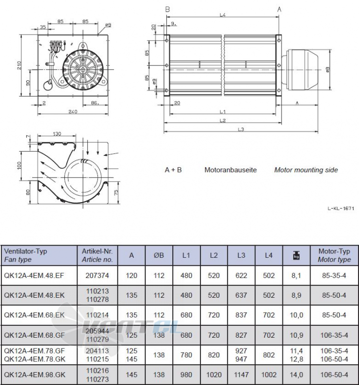 Drawing/dimension QK12A-4EM.78.GK 230v ZIEHL-ABEGG Crossflow fan