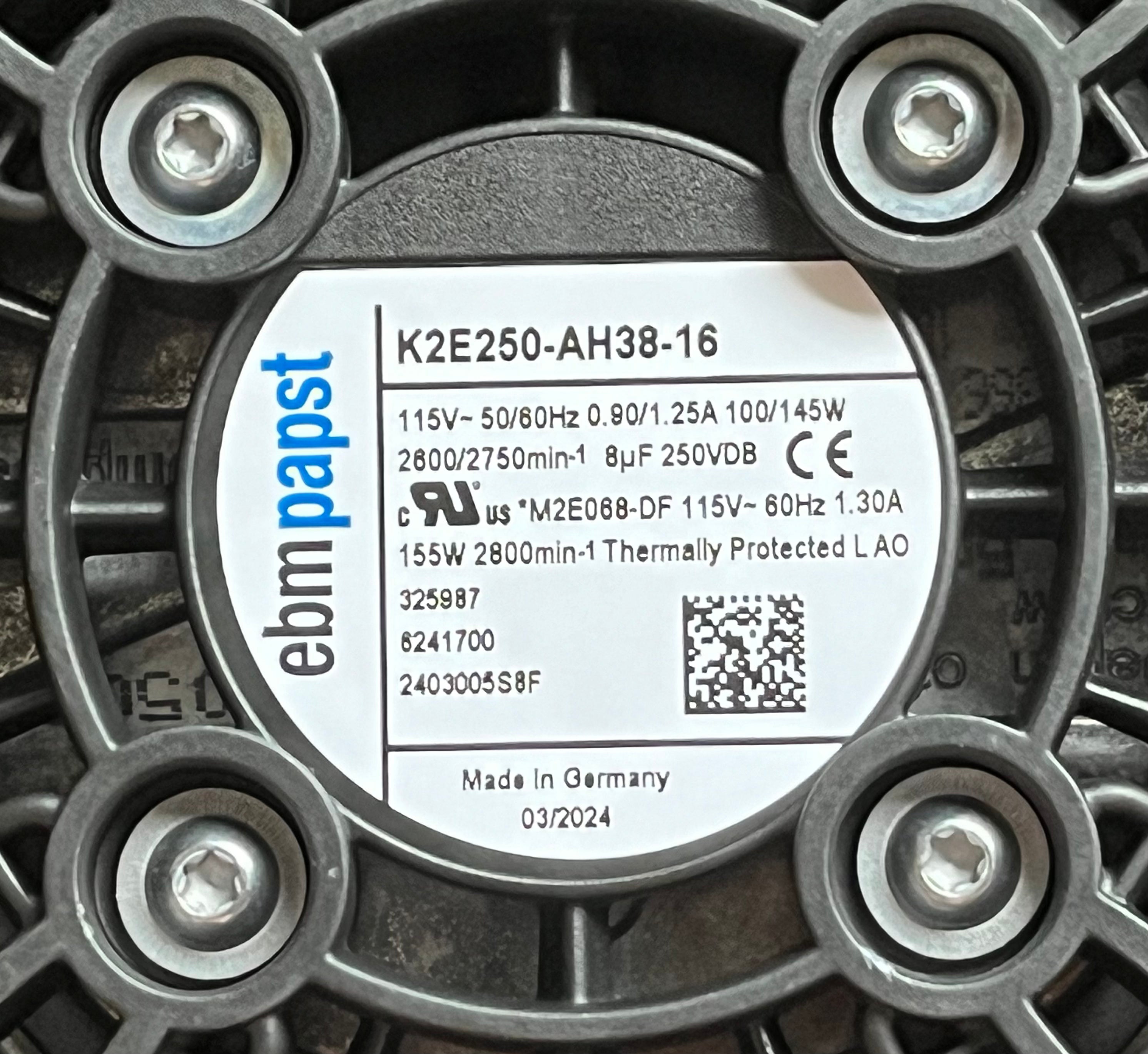 EBMPAPST K2E250-AH38-16 Axial Fan nameplate