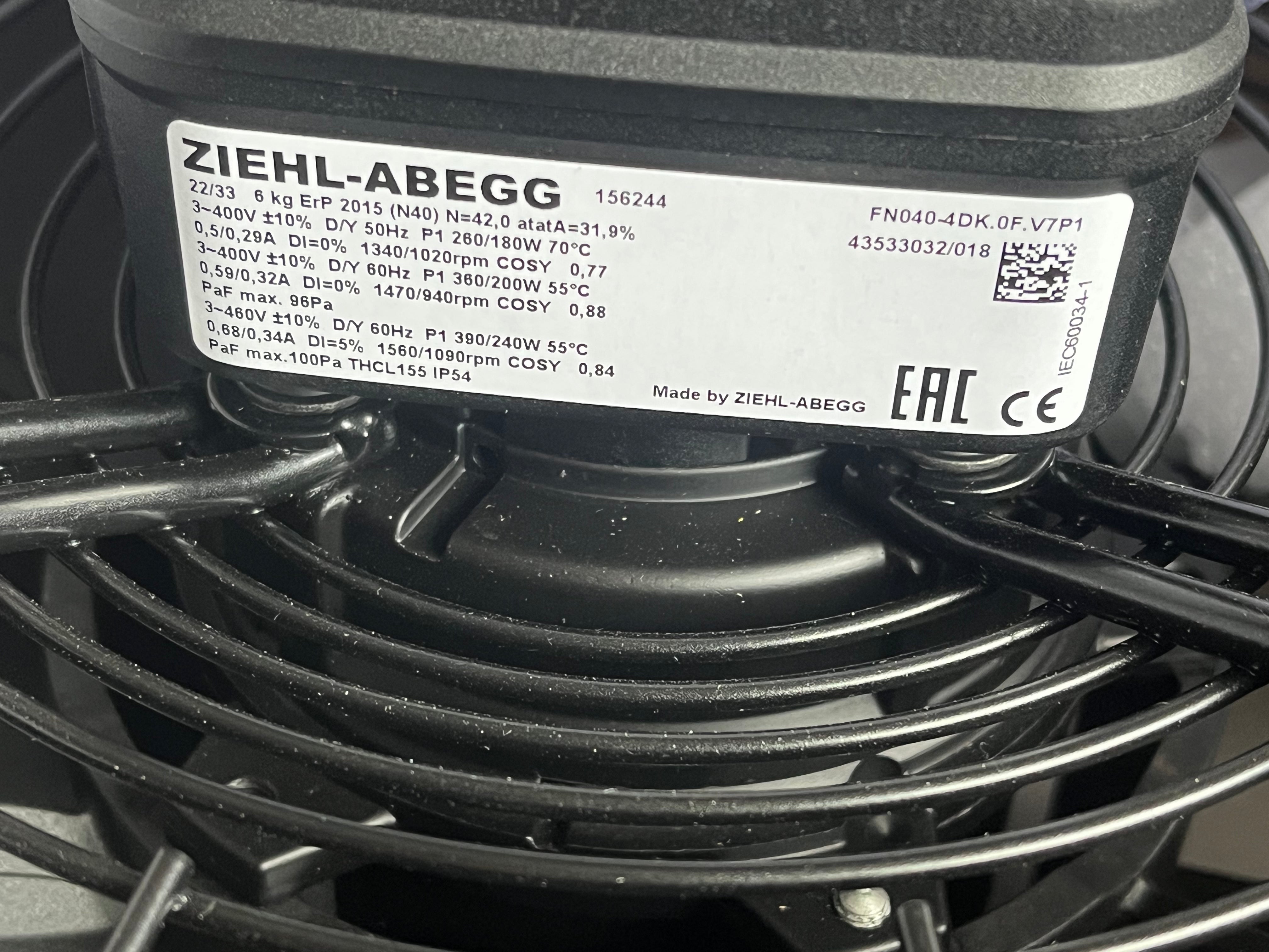 FN040-4DK.0F.V7P1 ZIEHL-ABEGG Axial fan nameplate & label