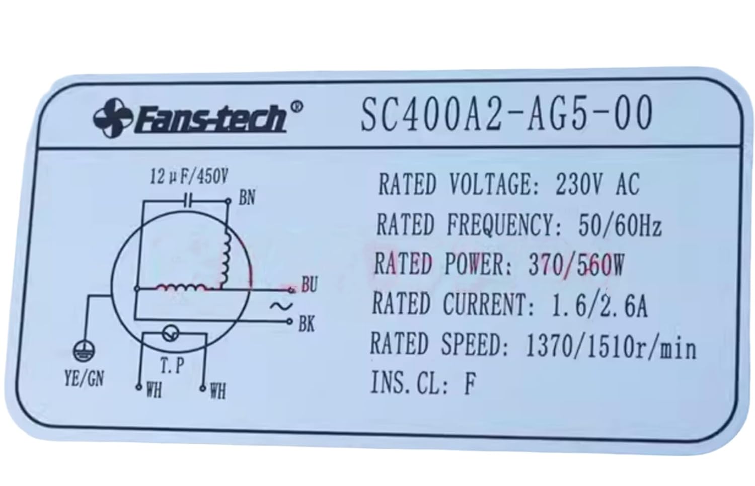 Fans-tech SC400A2-AG5-00 Centrifugal fan NAMEPLATE