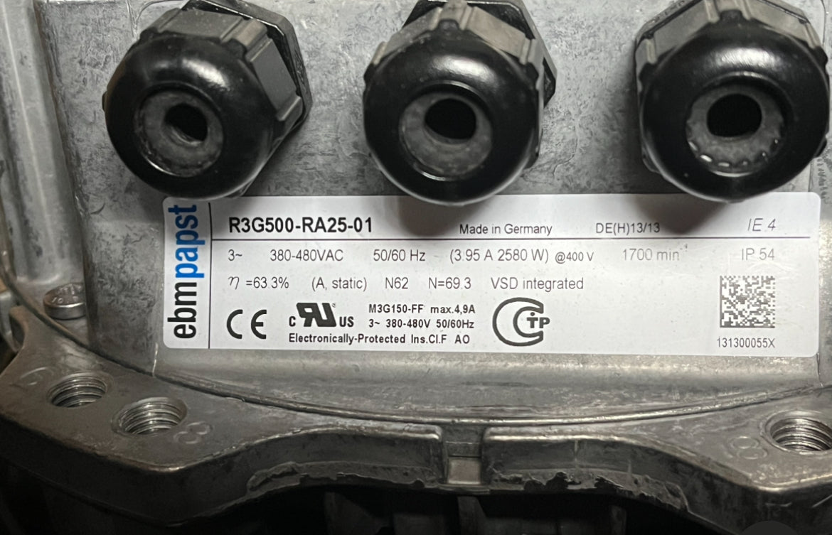 nameplate of R3G500-RA25-01 ebmpapst centrifugal fan