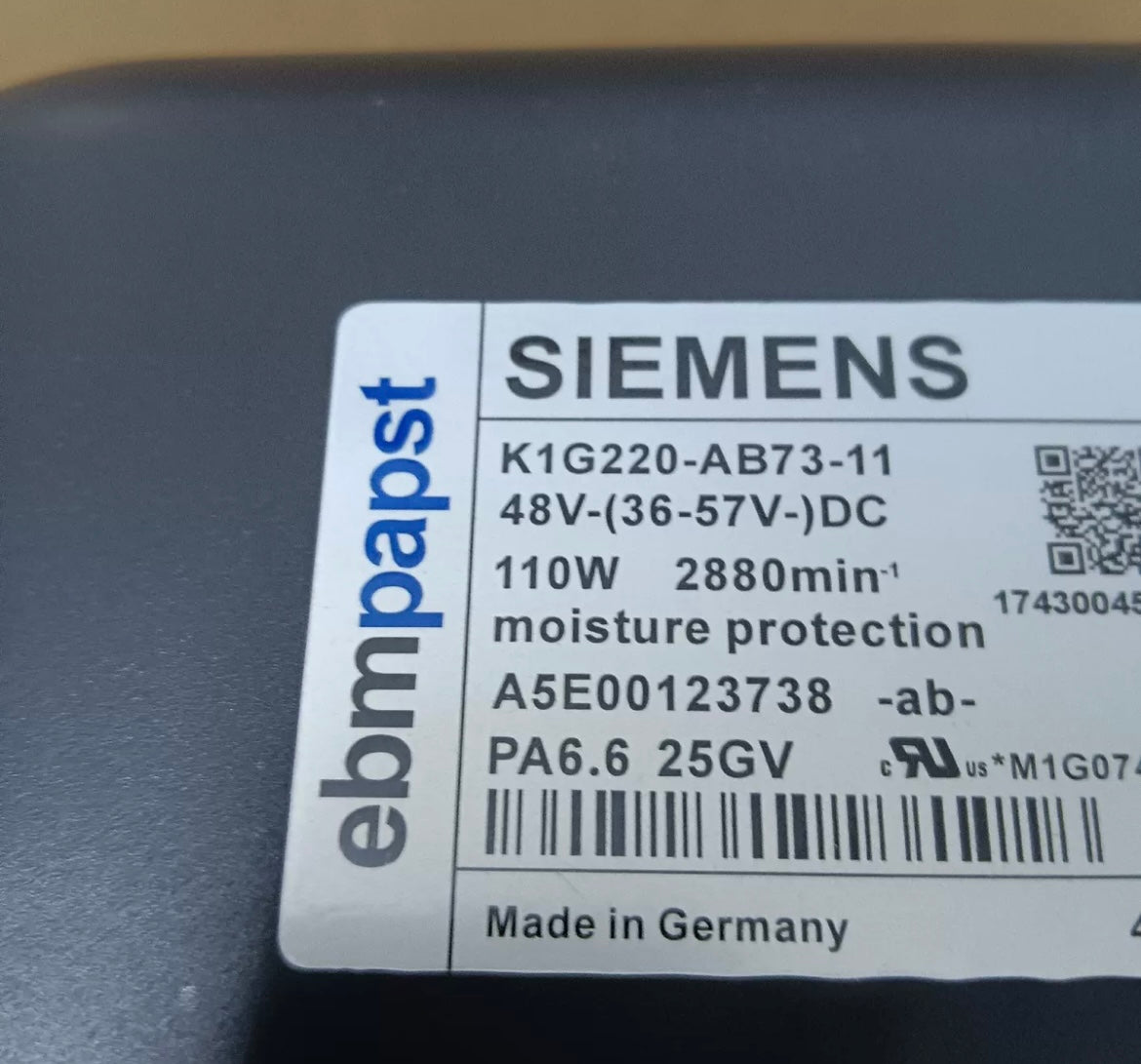 K1G220-AB73-11 A5E00123738 ebmPapst Inverter Cooling Fan nameplate