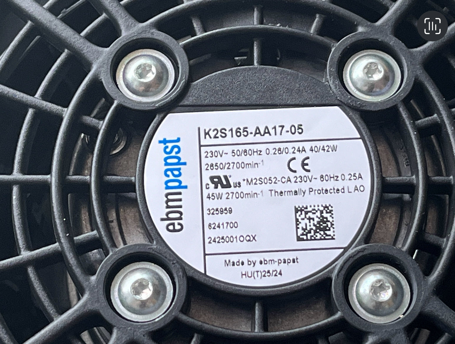 K2S165-AA17-05 Ebmpapst Centrifugal Fan top nameplate