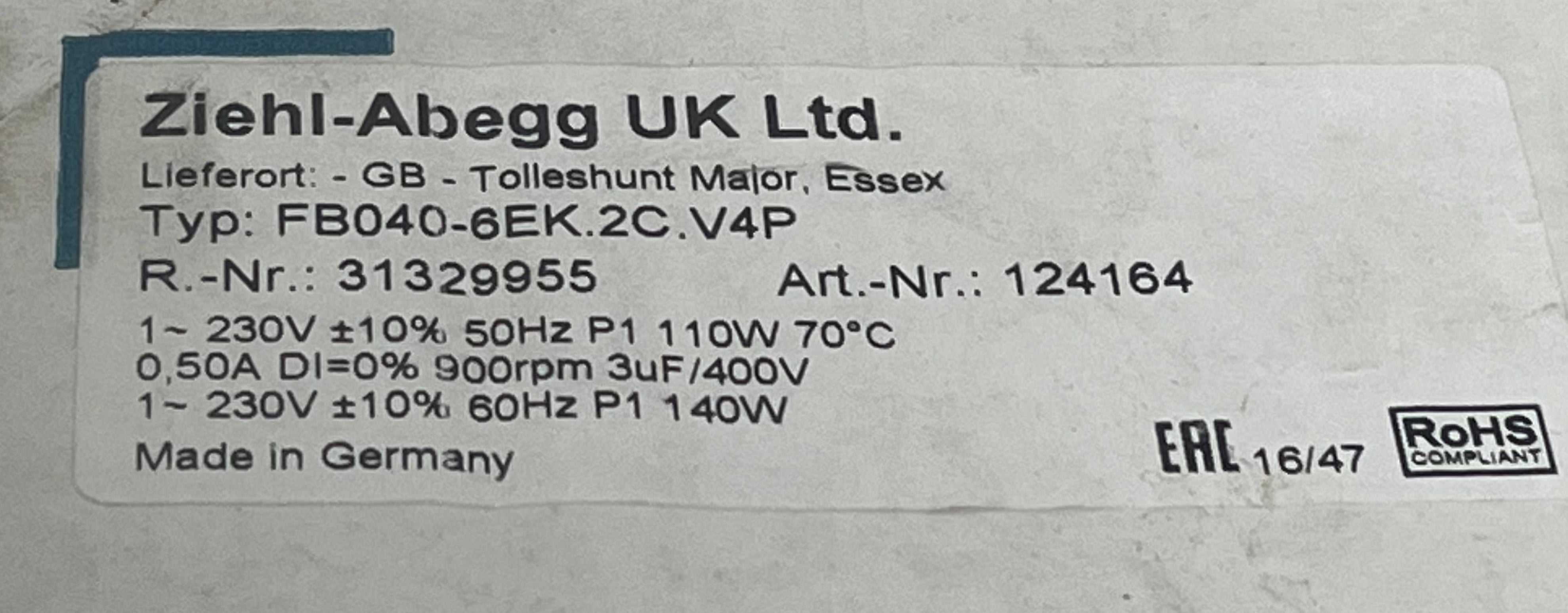 Lable of FB040-6EK.2C.V4P ZIEHL-ABEGG Axial Fan