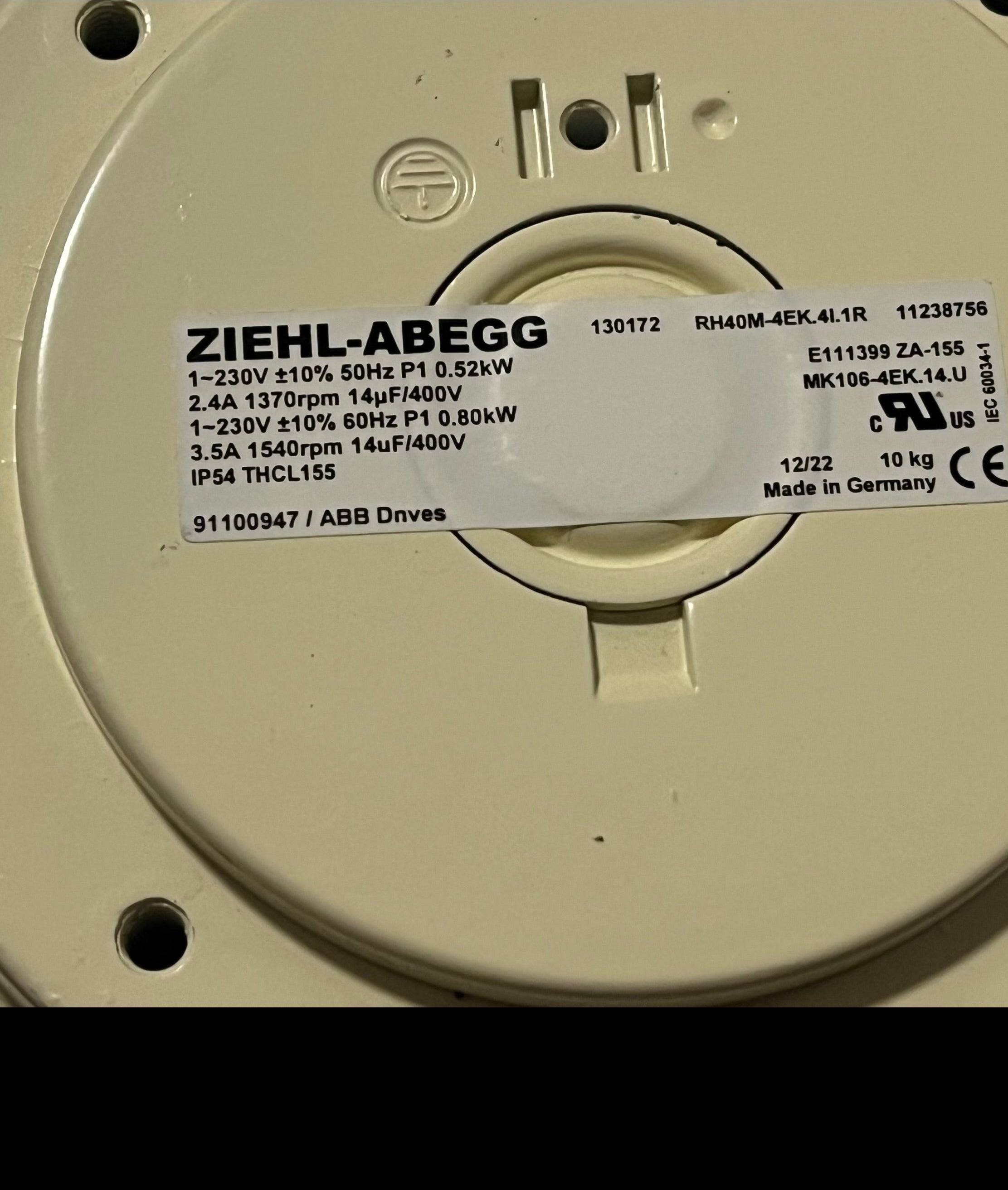 NAMEPLATE of RH40M-4EK.41.1R ZIEHL-ABEGG centrifugal fan