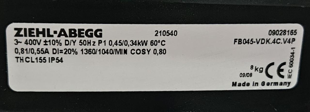 Nameplate of FB045-VDK.4C.V4P ZIEHL-ABEGG Axial Fan