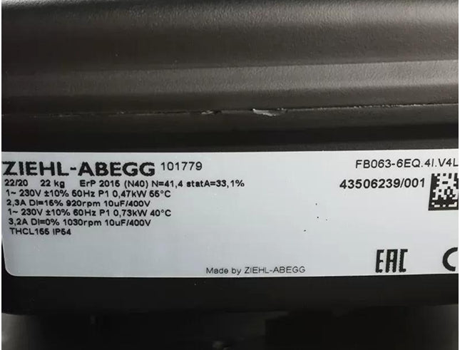 Nameplate of FB063-6EQ.4I.V4L ZIEHL-ABEGG Axial Fan
