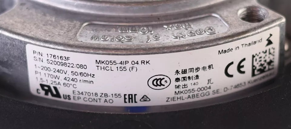 Nameplate of MK055-4IP.07.RK ZIEHL-ABEGG Centrifugal Fan