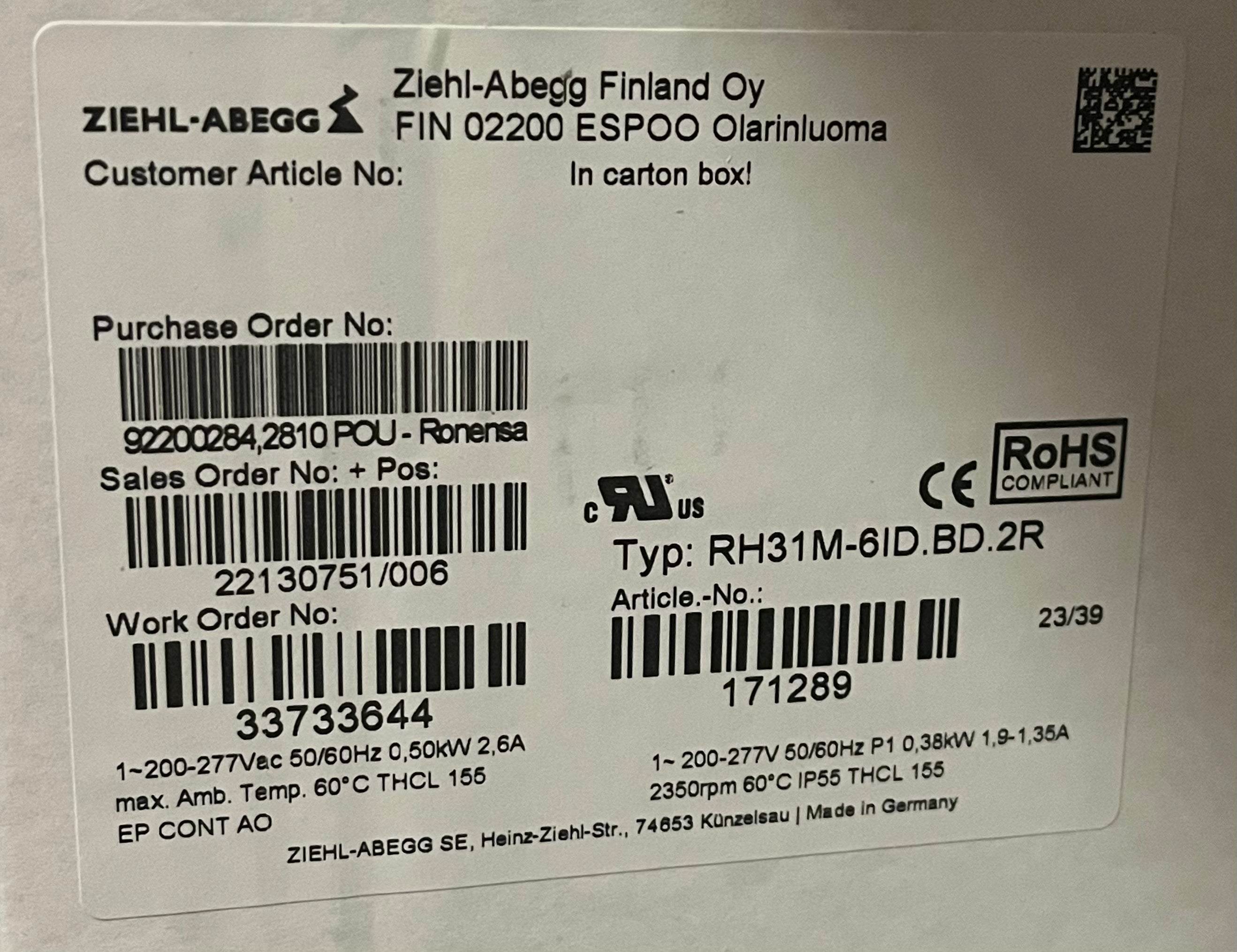 Packaging RH31M-6ID.BD.2R ZIEHL-ABEGG centrifugal fan