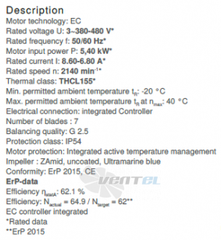 Parameters GR50C-ZIK.GL.CR ZIEHL-ABEGG centrifugal fan