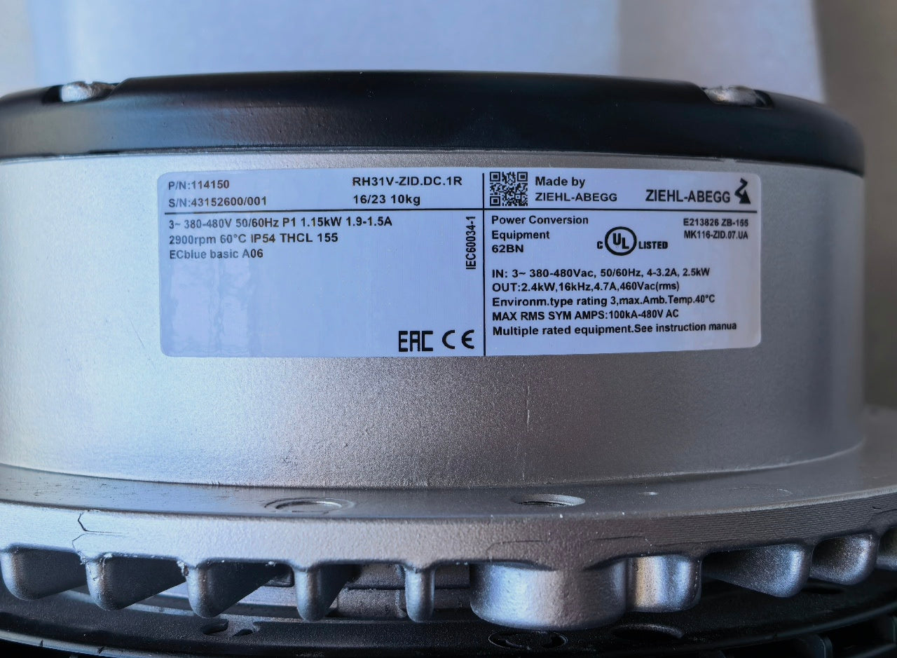 RH31V-ZID.DC.1R ZIEHL-ABEGG centrifugal fan nameplate