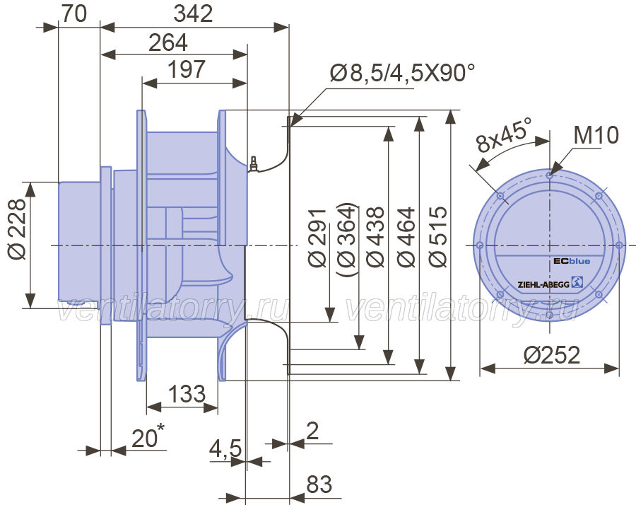 dimension of RH45I-ZID.GG.CR ZIEHL-ABEGG centrifugal fan