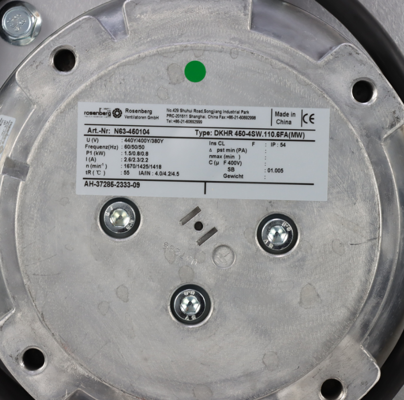 Rosenberg DKHR450-4SW.138.6FA centrifugal fan nameplate