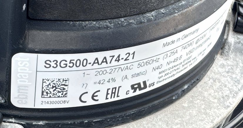 nameplate of S3G500-AA74-21 EBMpapst Axial fan