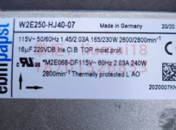 W2E250-HJ40-07 Ebm-Papst axial fan nameplate
