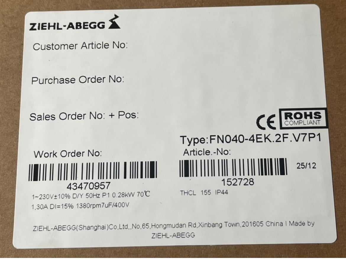 ZIEHL-ABEGG FN040-4EK.2F.V7P1 Axial fan label