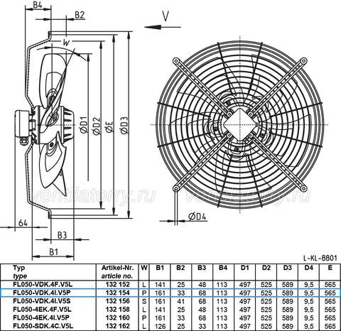 dimension of FL050-VDK.4I.V5S ZIEHL-ABEGG Axial Fan