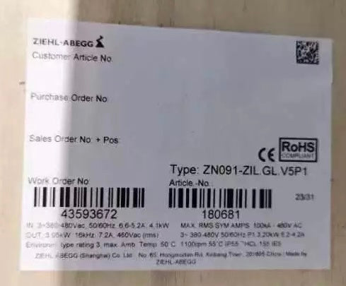 LABEL of ZN091-ZIL.GL.V5P1 ZIEHL-ABEGG Axial Fan