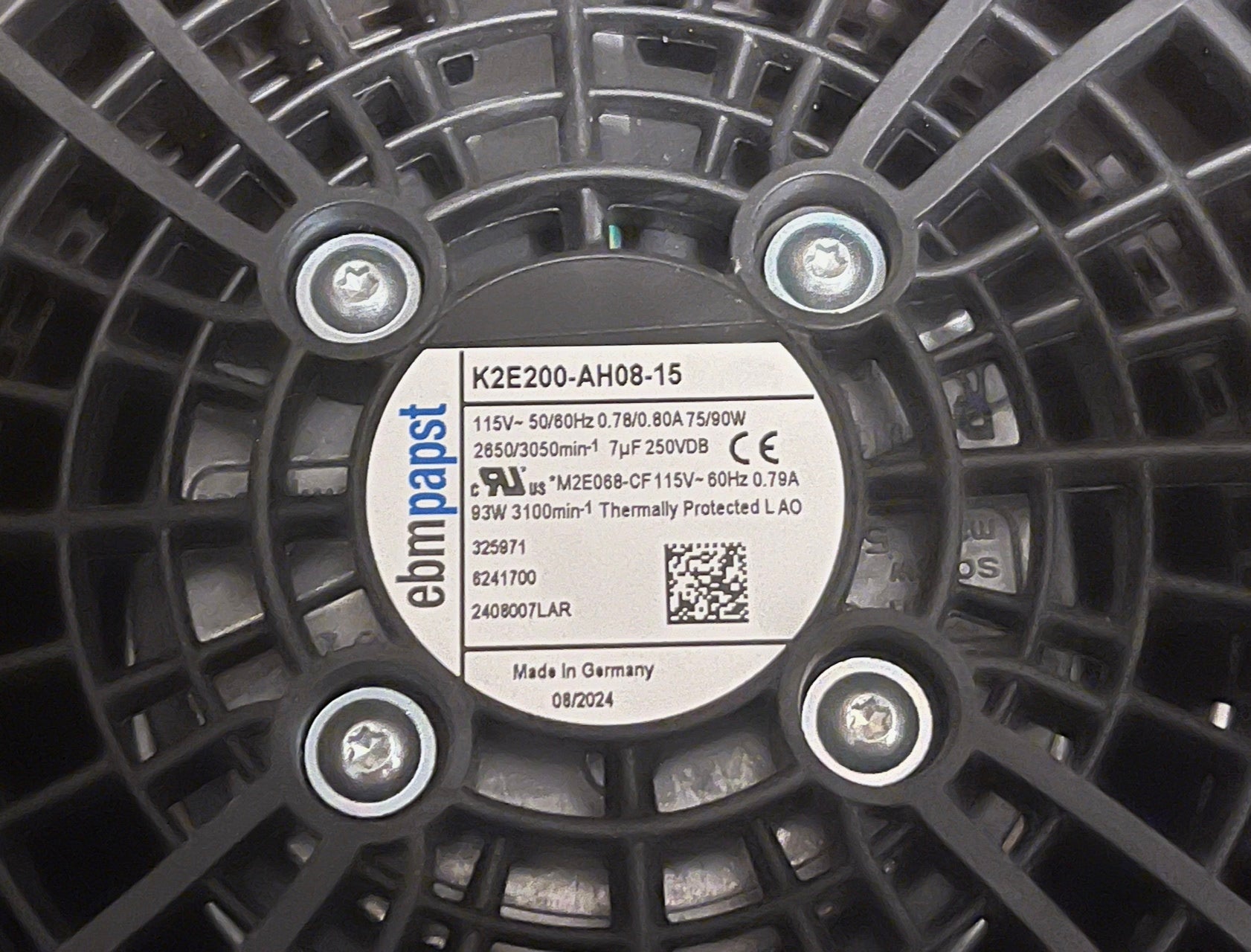 label & nameplate of EBMPAPST K2E200-AH08-15 Centrifugal Fan