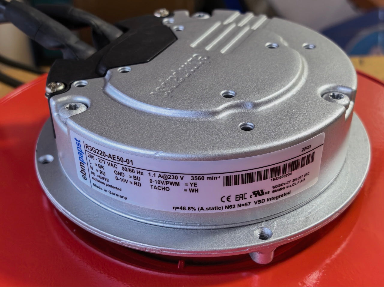 label of R3G220-AE50-01 ebm papst centrifugal fan