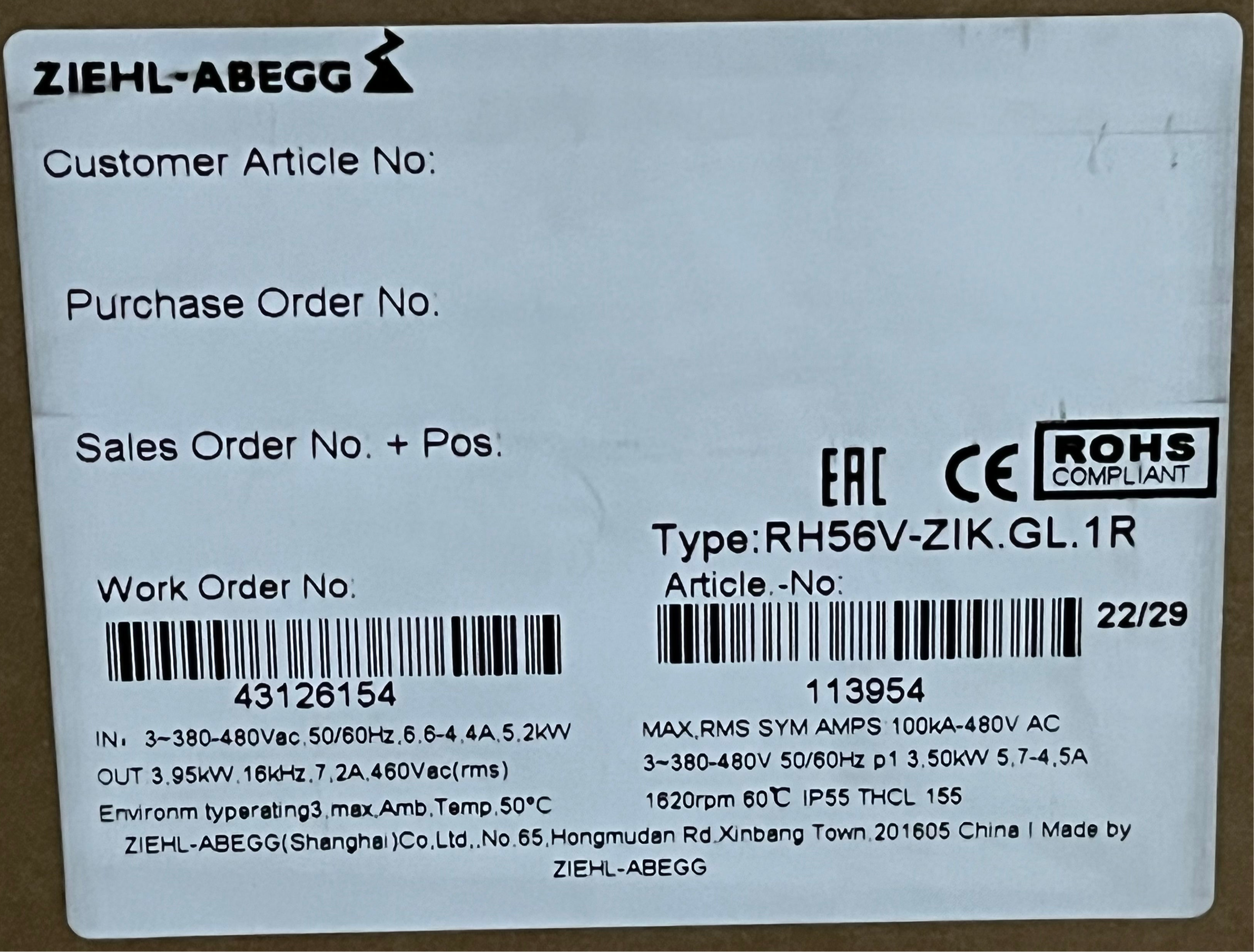 label of RH56V-ZIK.GL.1R ZIEHL-ABEGG centrifugal fan