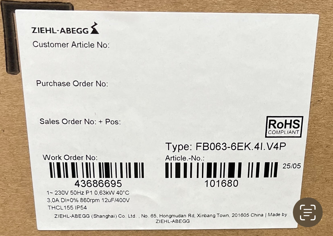 lable of FB063-6EK.4I.V4P ZIEHL-ABEGG Axial Fan