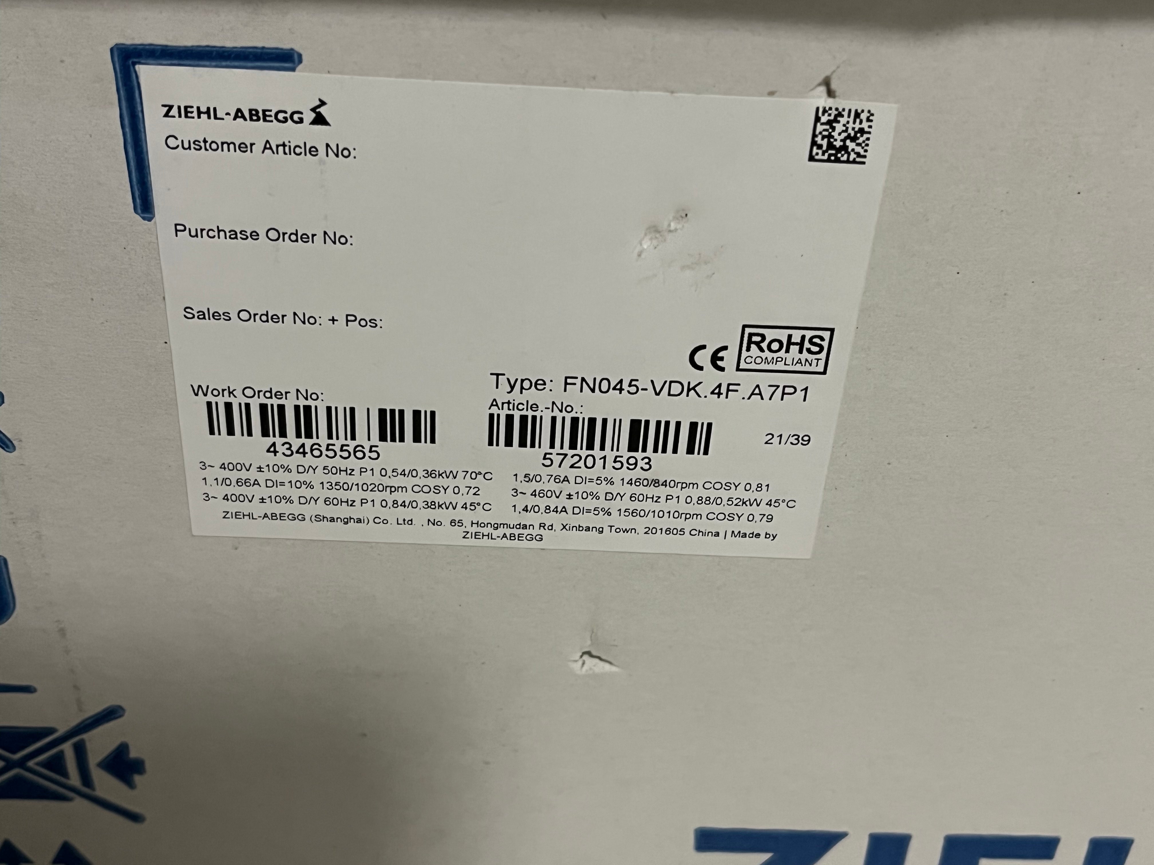 lable of FN045-VDK.4F.A7P1 ZIEHL-ABEGG Axial Fan