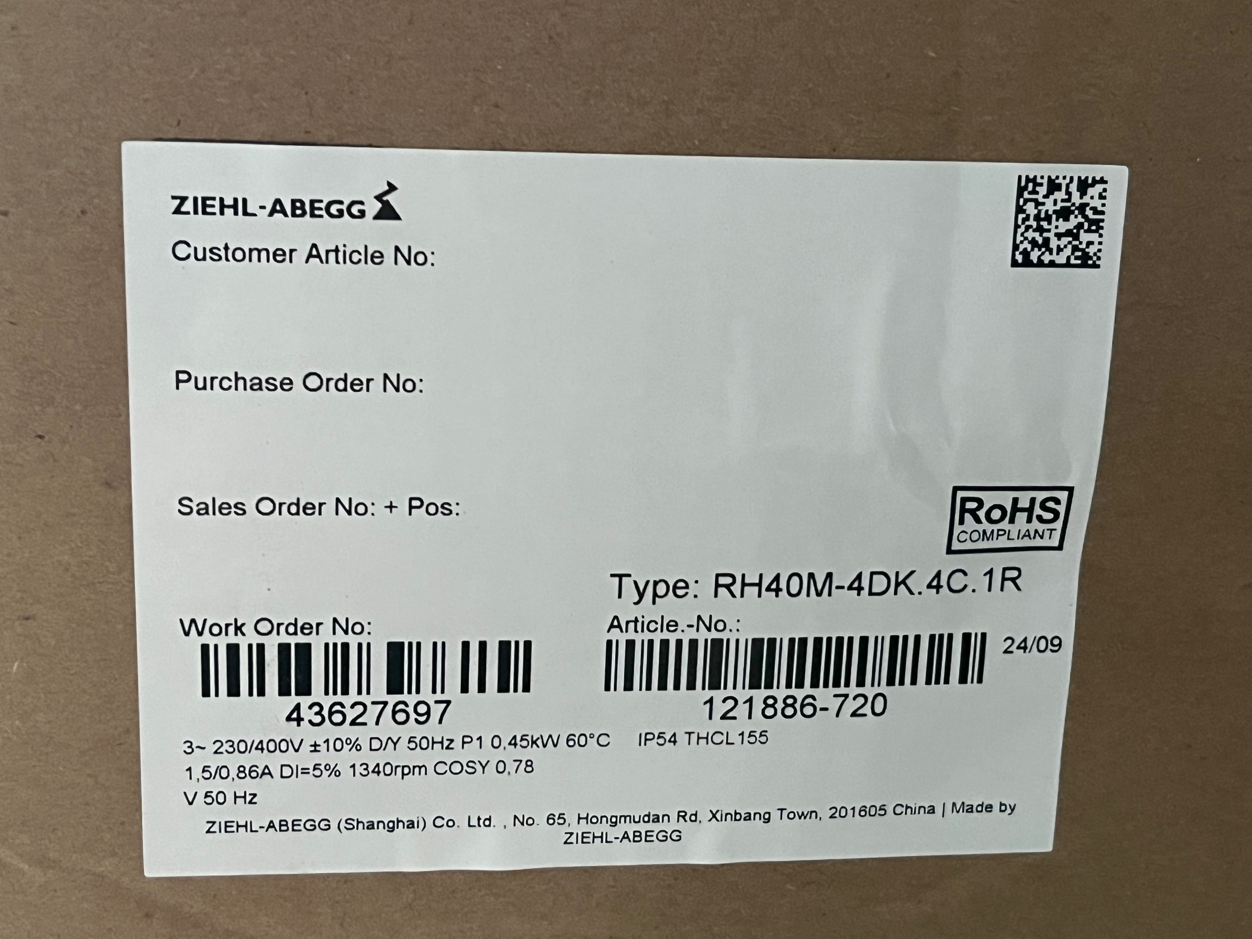 lable of RH40M-4DK.4C.1R ZIEHL-ABEGG centrifugal fan
