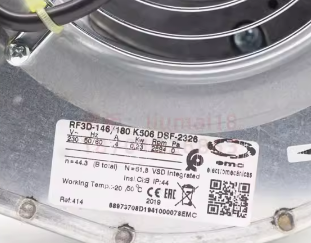 nameplate of EMC RF3D-146/180 K506 DSF-2326 Centrifugal Fan