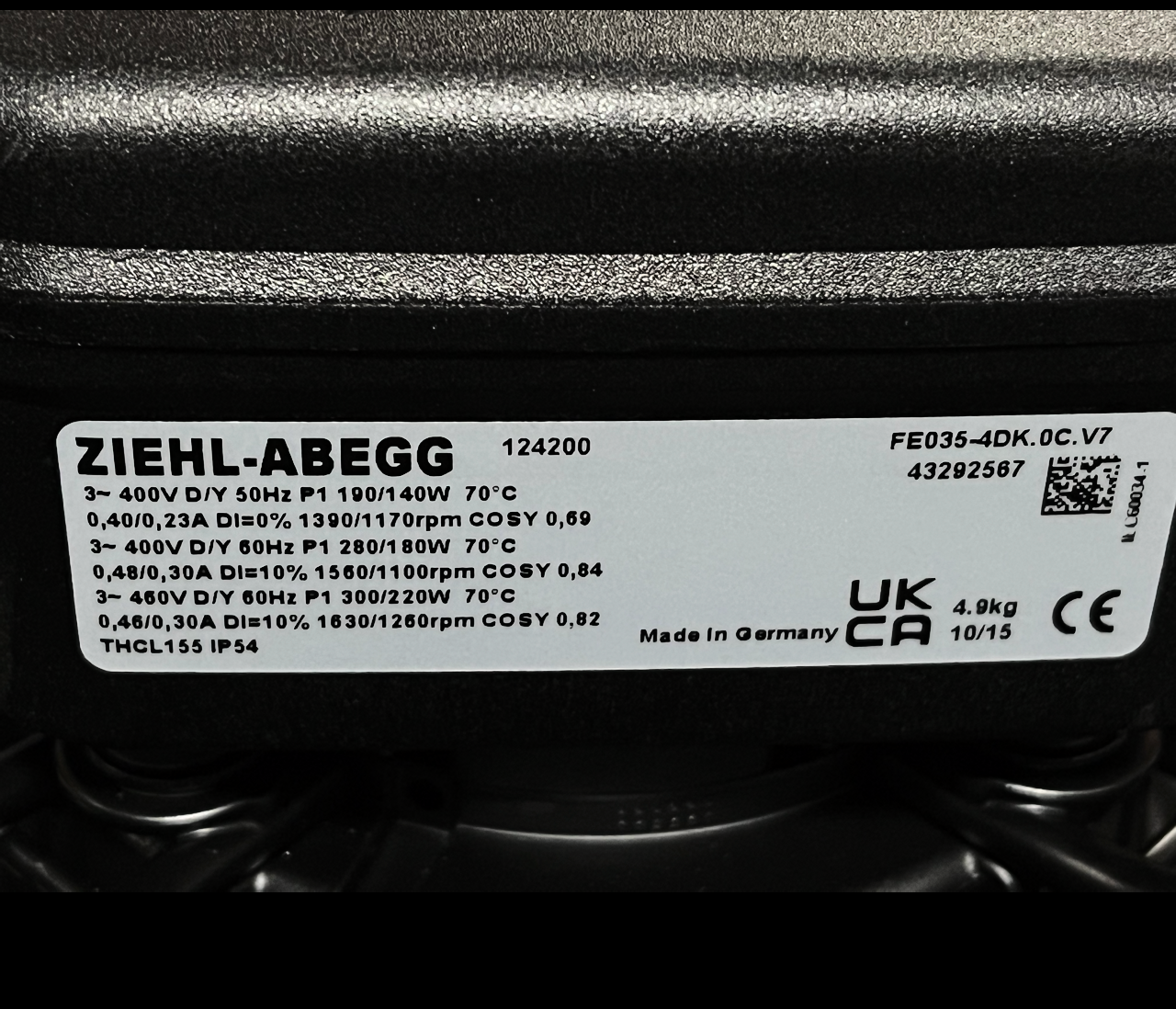 nameplate of FE035-4DK.0C.V7 ZIEHL-ABEGG Axial Fan