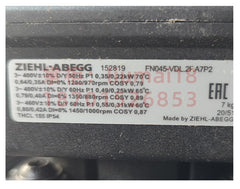 nameplate of FN045-VDL.2F.A7P2 ZIEHL-ABEGG Axial Fan