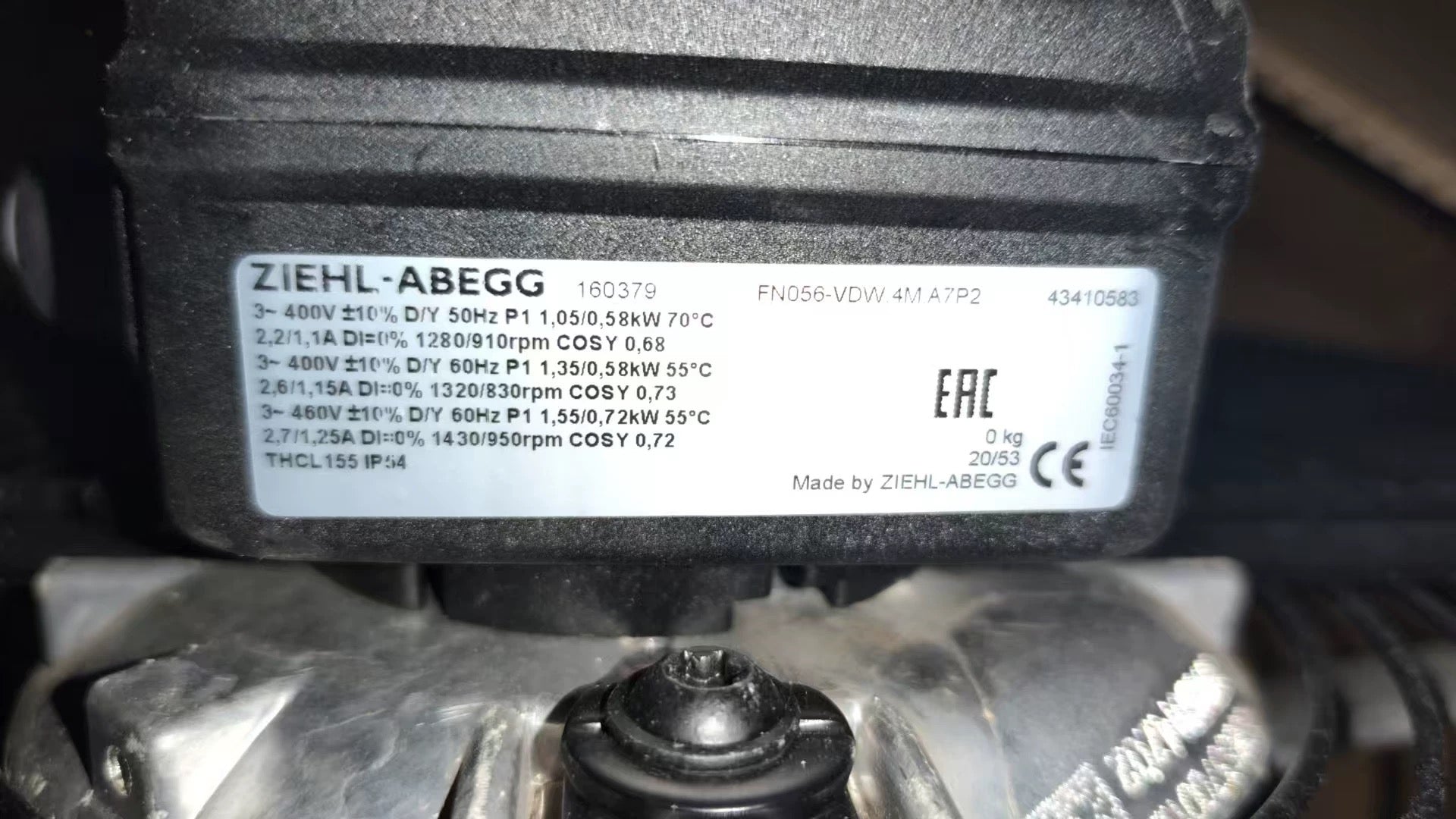 nameplate of FN056-VDW.4M.A7P2 ZIEHL-ABEGG Axial Fan