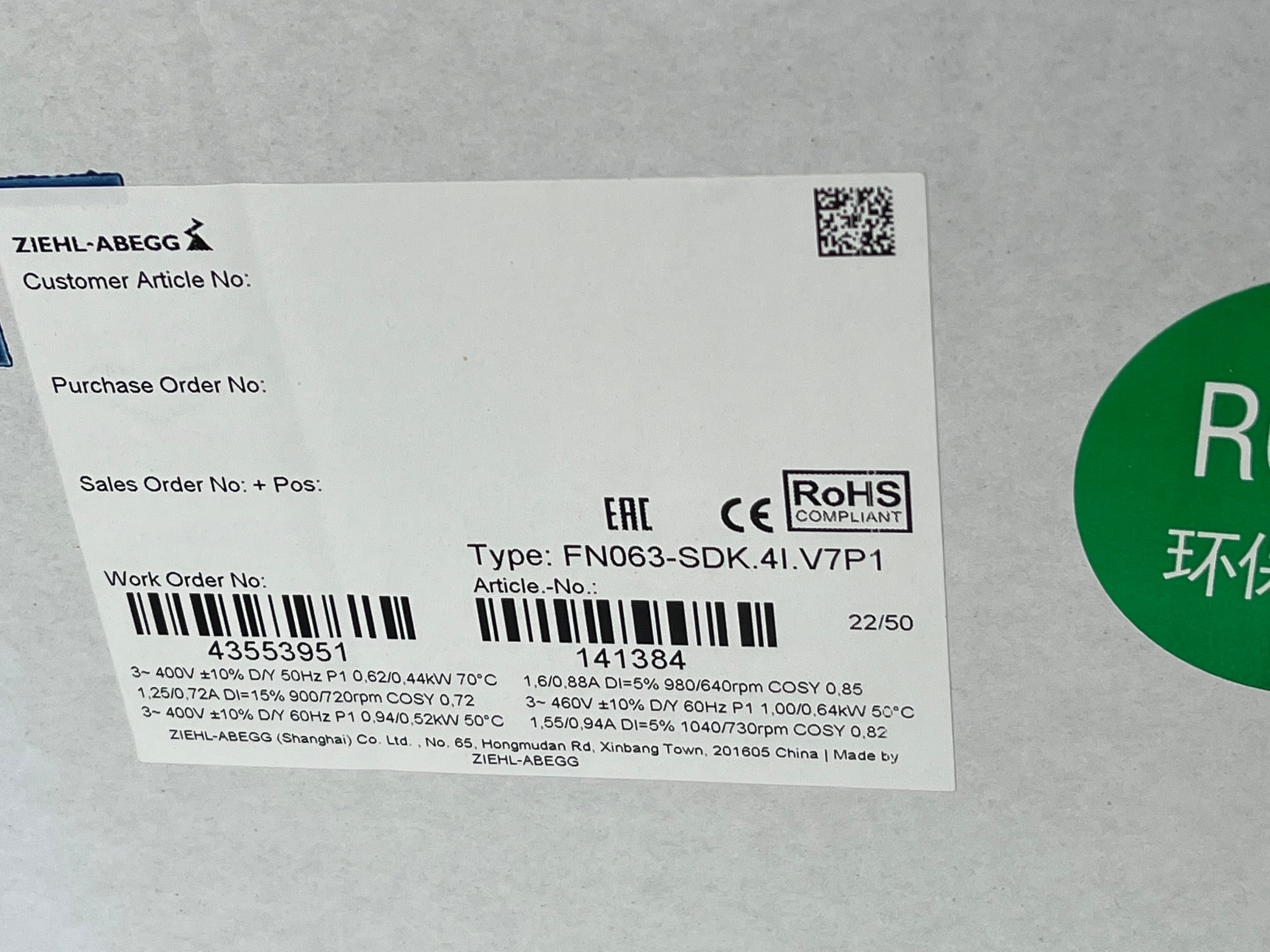 nameplate of FN063-SDK.4I.V7P1 ZIEHL-ABEGG Axial Fan