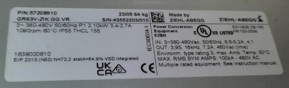 nameplate of GR63V-ZIK.GG.VR ZIEHL-ABEGG centrifugal fan