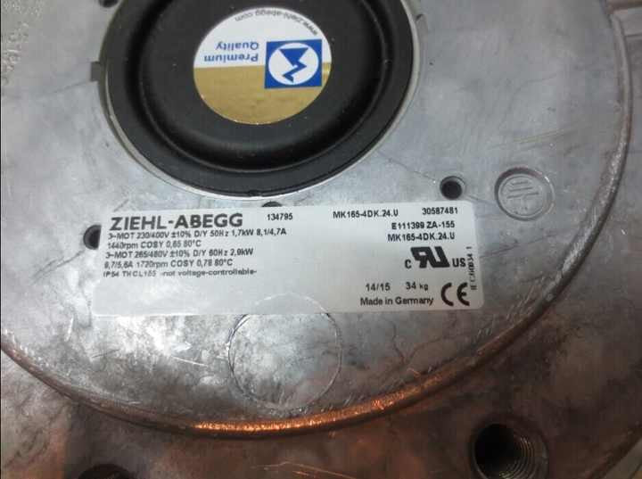 nameplate of MK165-4DK.24.U Industrial Centrifugal Fan
