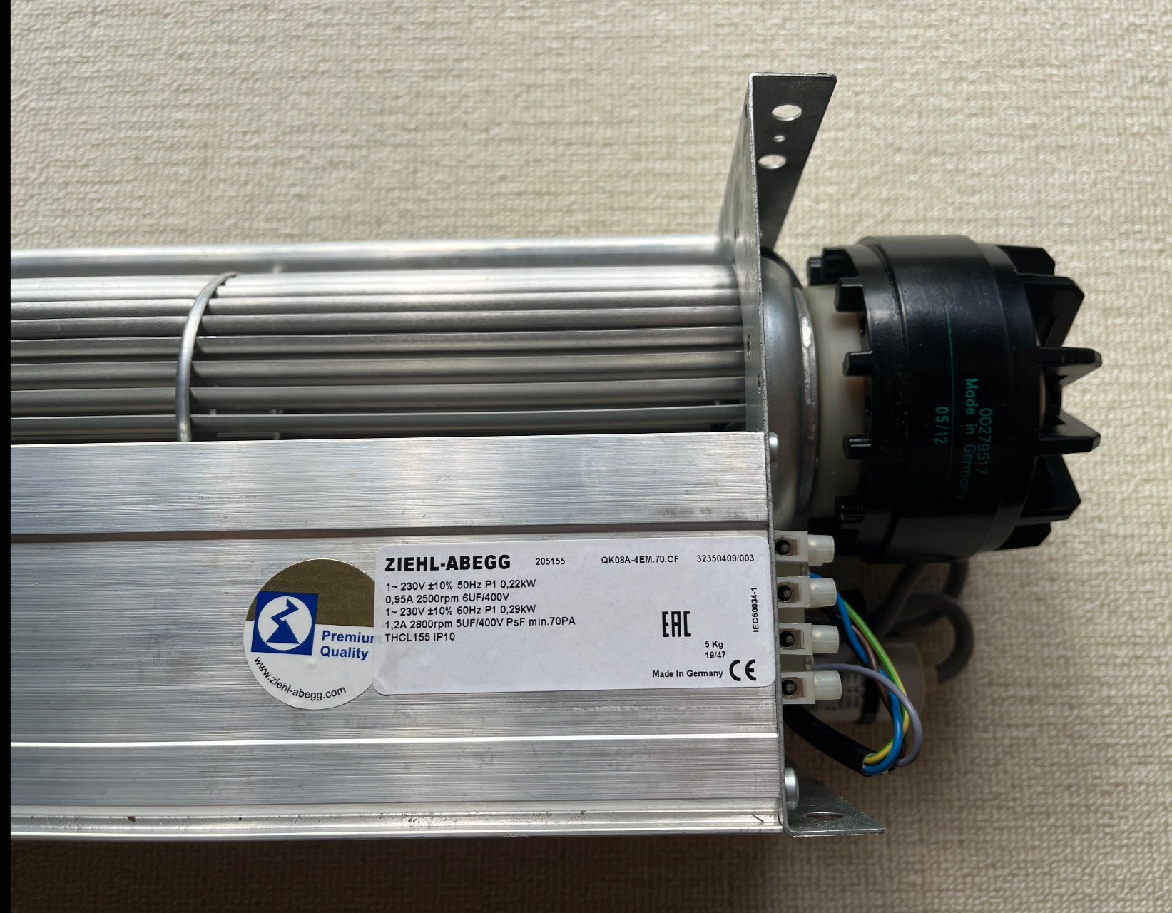 nameplate of QK08A-4EM.70.CF ZIEHL-ABEGG Crossflow fan