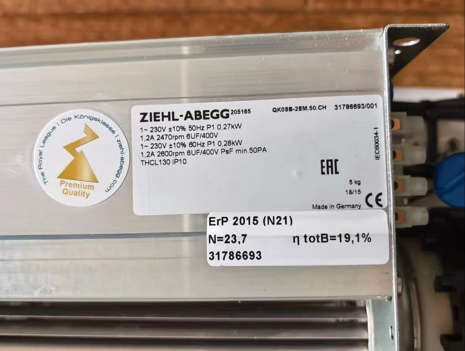 nameplate of QK08B-2EM.50.CH ZIEHL-ABEGG Crossflow fan