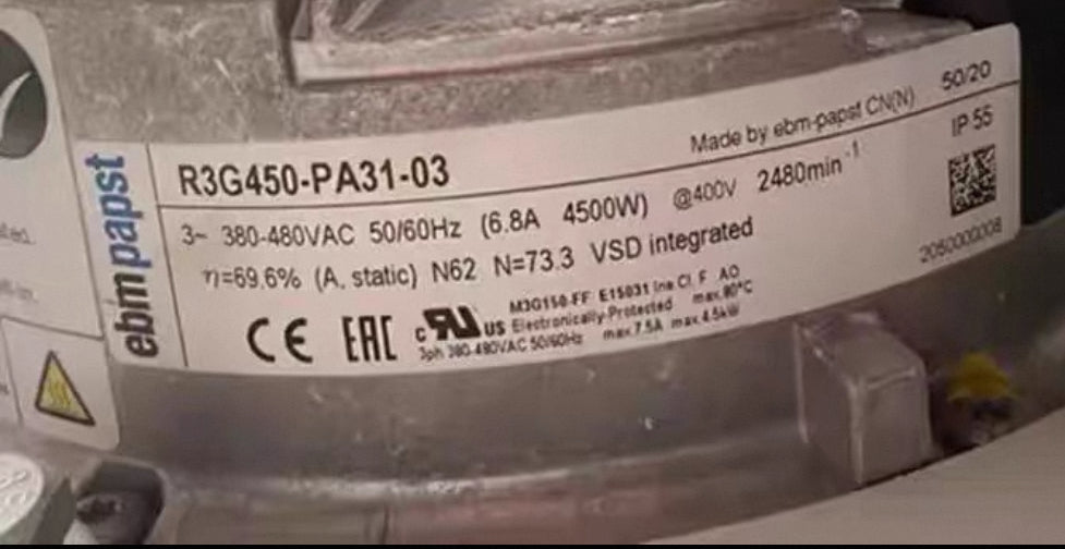 nameplate of R3G450-PA31-03 ebm-papst centrifugal fan