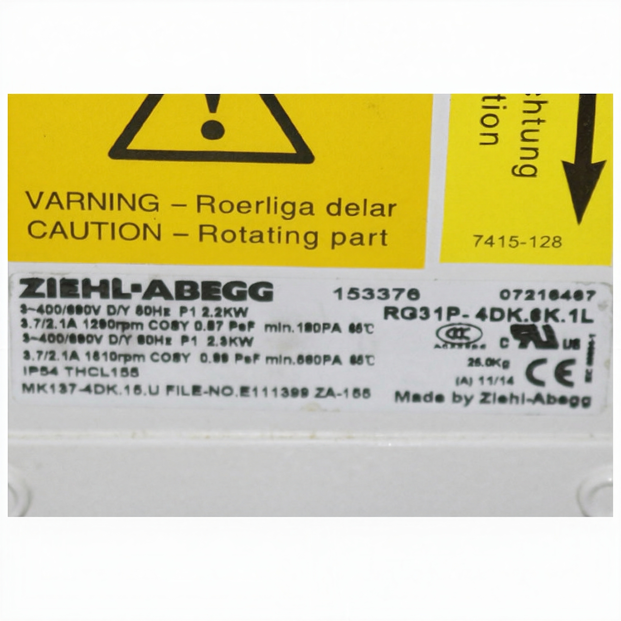 nameplate of RG31P-4DK.6K.1L ZIEHL-ABEGG centrifugal fan