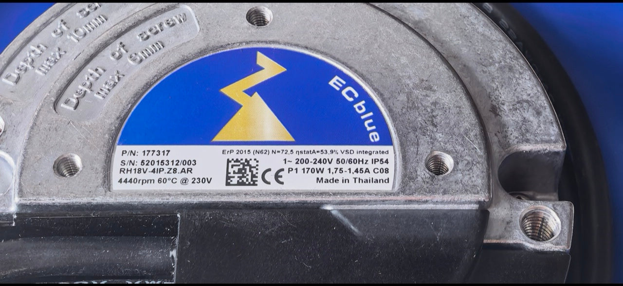 nameplate of RH18V-4IP.Z8.AR ZIEHL-ABEGG centrifugal fan