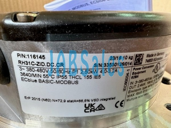 nameplate of RH31C-ZID.DC.CR ZIEHL-ABEGG centrifugal fan