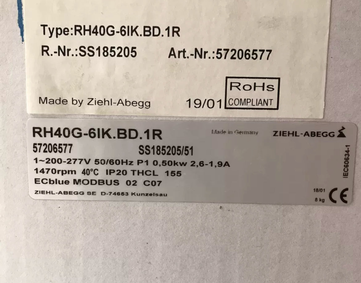 nameplate of RH40G-61K.BD.1R ZIEHL-ABEGG centrifugal fan