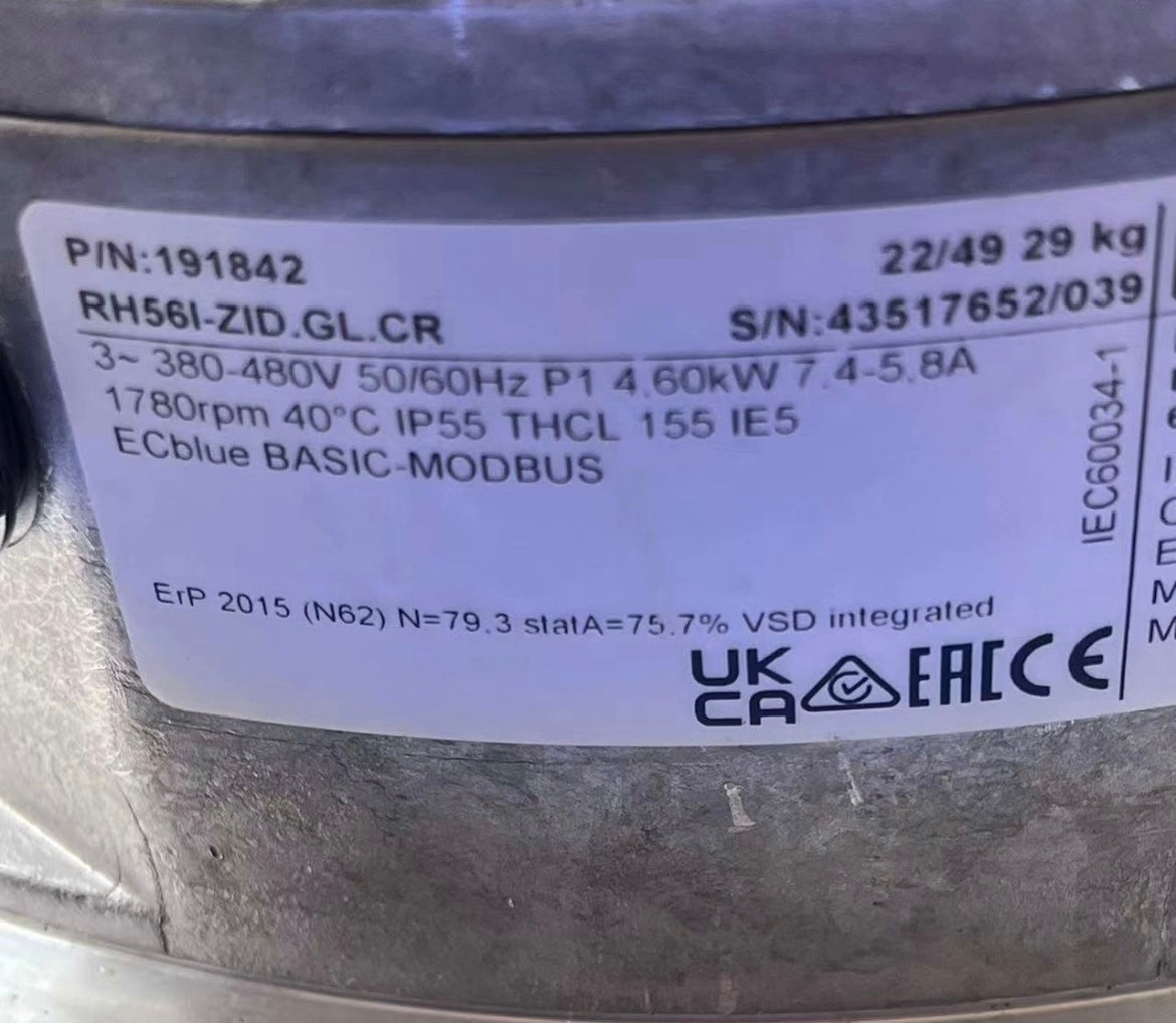 nameplate of RH56I-ZID.GL.CR ZIEHL-ABEGG centrifugal fan