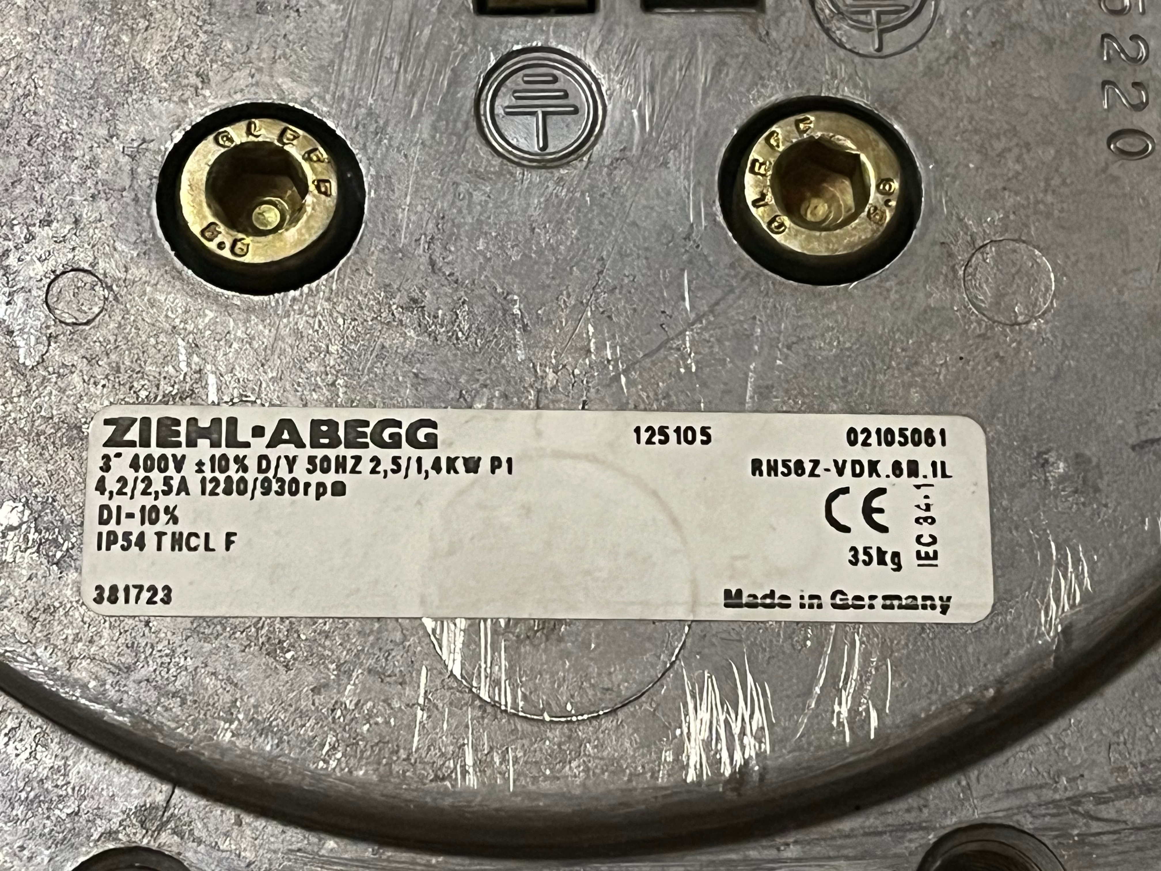 nameplate of RH56Z-VDK.6N.1L ZIEHL-ABEGG centrifugal fan