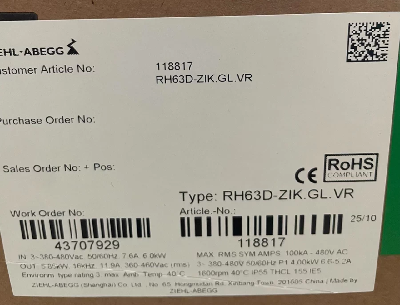 nameplate of RH63D-ZIK.GL.VR(Art No:118817) ZIEHL-ABEGG centrifugal fan