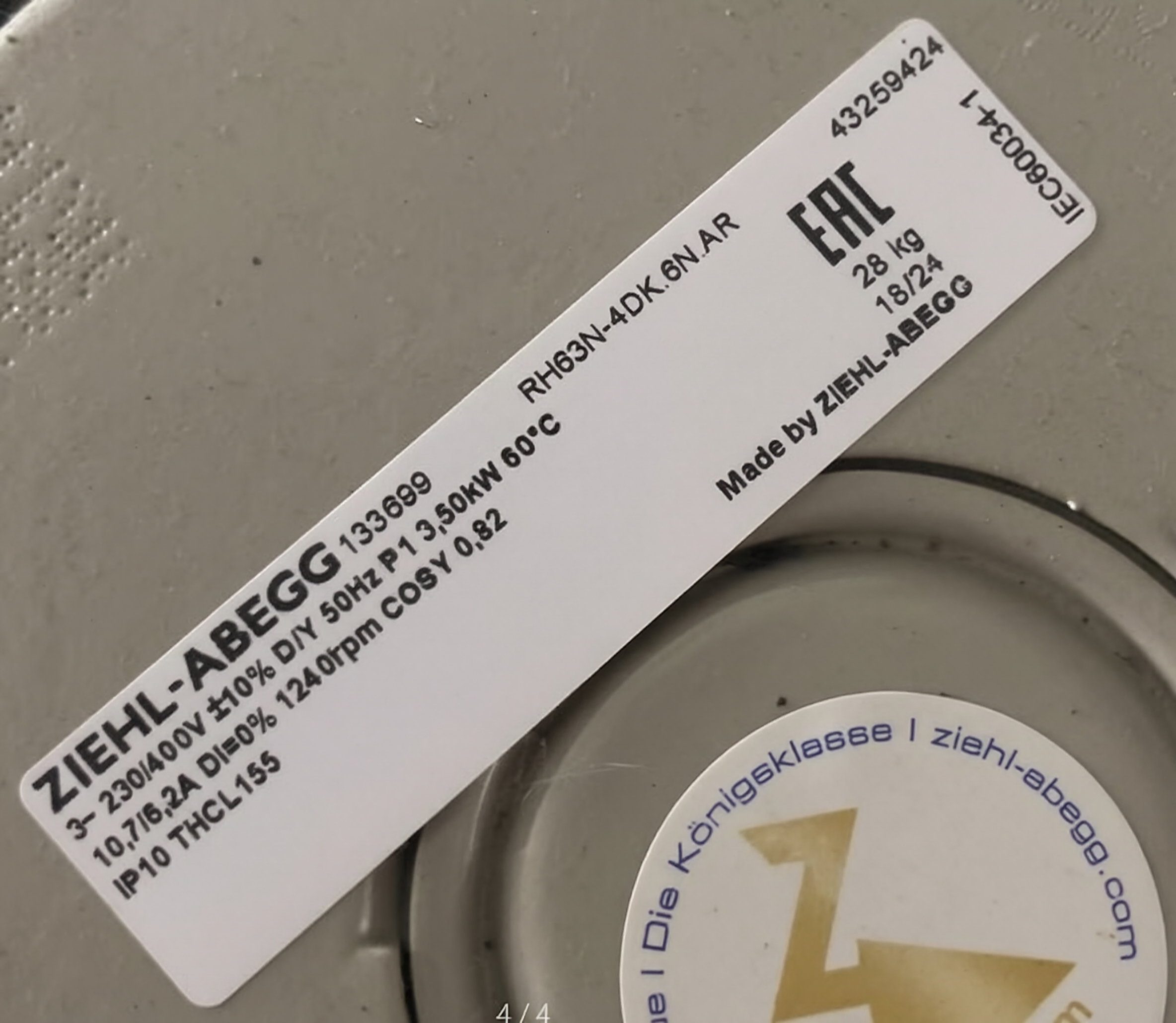 nameplate of RH63N-4DK.6N.AR ZIEHL-ABEGG centrifugal fan