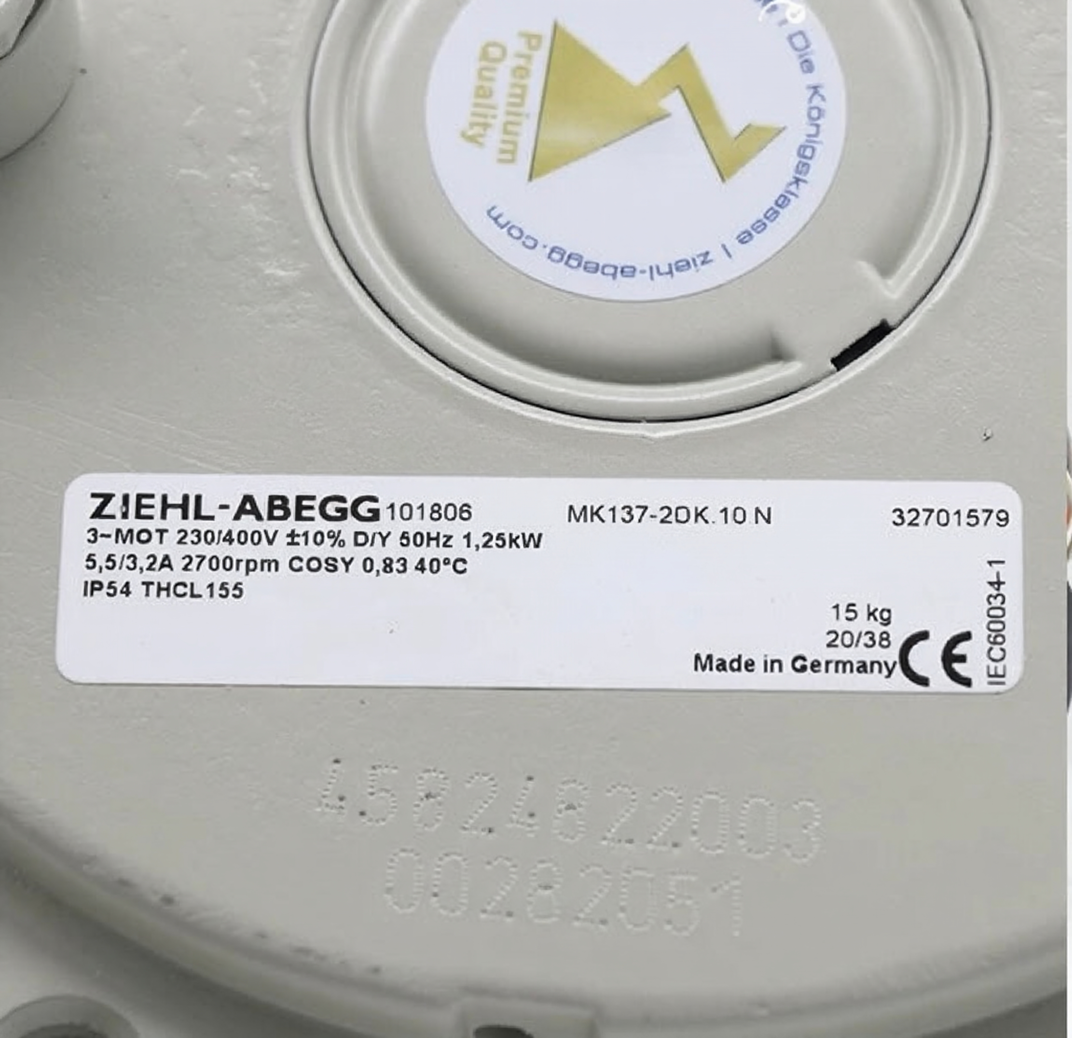 nameplate of ZIEHL-ABEGG MK137-2DK.10.N Centrifugal Fan